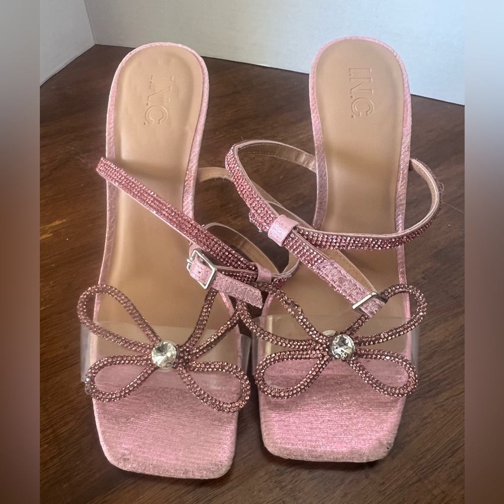 INC International Concepts Pink Rhinestone Bow Heels Sandals Strap Stiletto 9